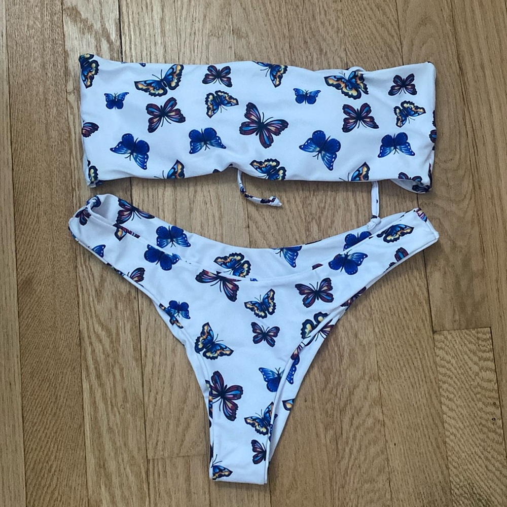 White and Butterfly Strapless Bikini Thong Set